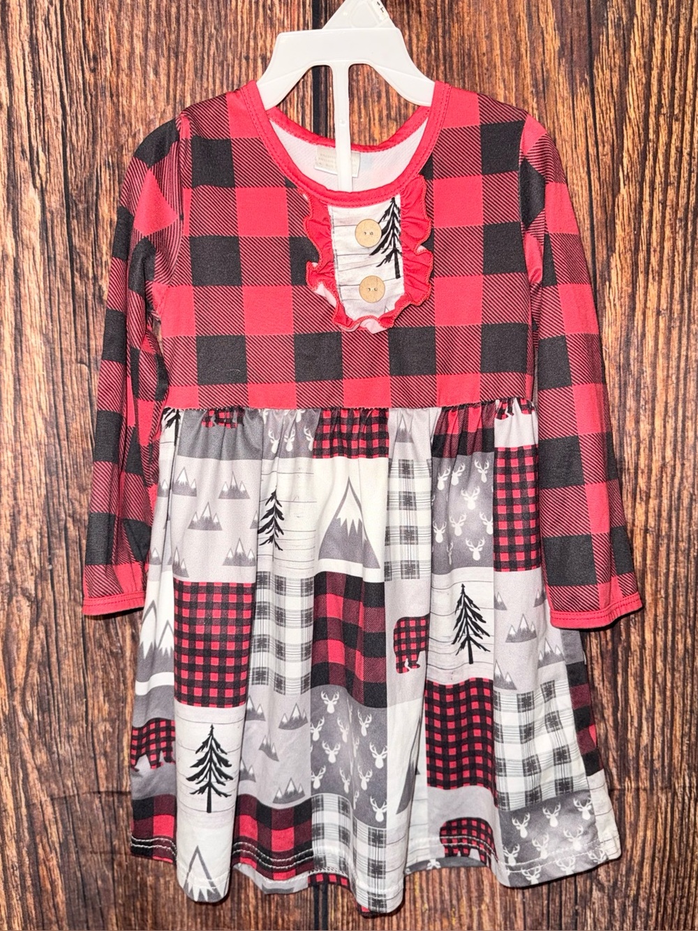 Girls Red Buffalo Plaid & Woodland Print Dress Sz 3T